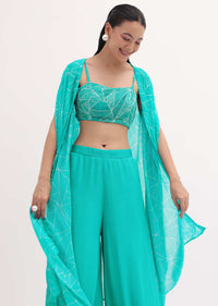 Turquoise Embroidered Croptop And Palazzo With Jacket