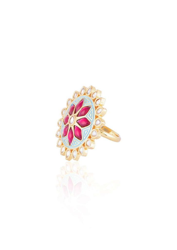 Turquoise Enamelled Round Ring With Kundan And Red Pota Stones In Floral Design By Aster
