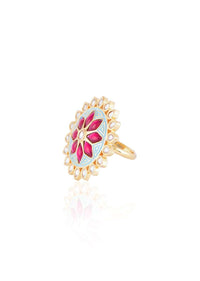 Turquoise Enamelled Round Ring With Kundan And Red Pota Stones In Floral Design By Aster