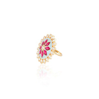 Turquoise Enamelled Round Ring With Kundan And Red Pota Stones In Floral Design By Aster