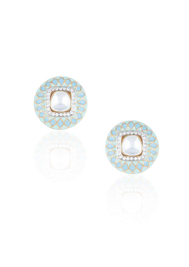 Turquoise Enamelled Round Stud Earrings With Faux Polki In The Centre By Aster