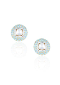 Turquoise Enamelled Round Stud Earrings With Faux Polki In The Centre By Aster