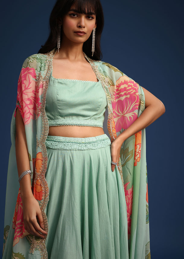Turquoise Floral Print Organza Jacket And Skirt Set