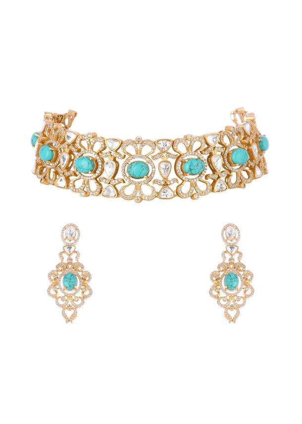 Turquoise Gold  Finish Choker Set With Kundan Work