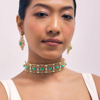 Turquoise Gold  Finish Choker Set With Kundan Work