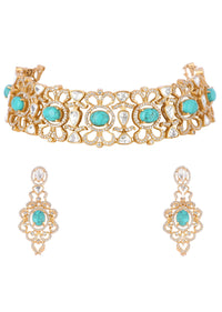 Turquoise Gold  Finish Choker Set With Kundan Work