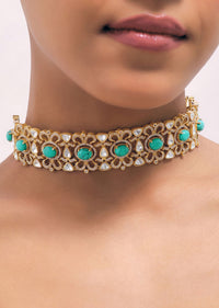 Turquoise Gold  Finish Choker Set With Kundan Work