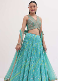 Turquoise Lehenga With Embroidered Choli And Dupatta