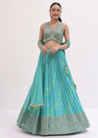 Turquoise Lehenga With Embroidered Choli And Dupatta