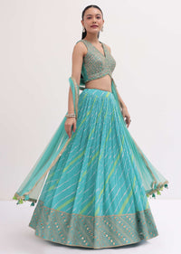 Turquoise Lehenga With Embroidered Choli And Dupatta