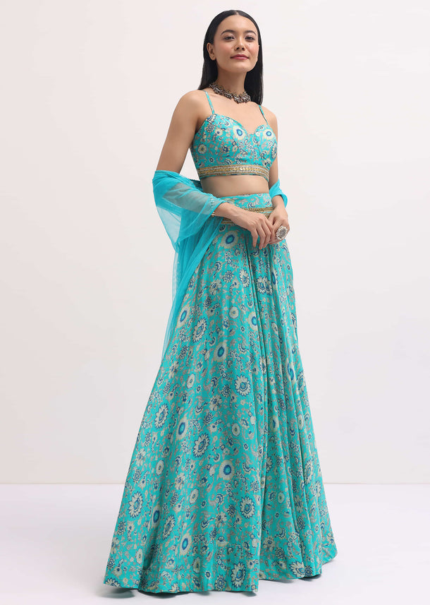 Turquoise Printed Lehenga Choli Set