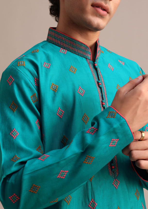 Turquoise Silk Printed Kurta Set For Men