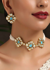 Turquoise Stone Choker And Earrings Set With Floral Kundan And Pearl Strings By Paisley Pop