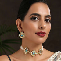 Turquoise Stone Choker And Earrings Set With Floral Kundan And Pearl Strings By Paisley Pop