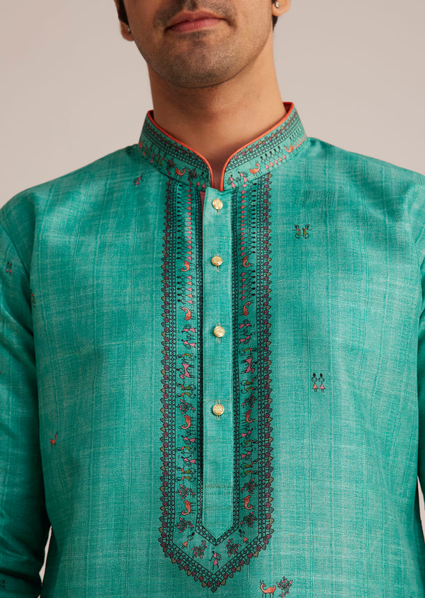 Turquoise Tussar Silk Kurta Set