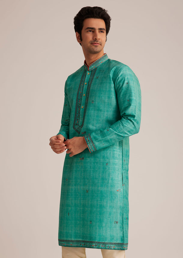 Turquoise Tussar Silk Kurta Set