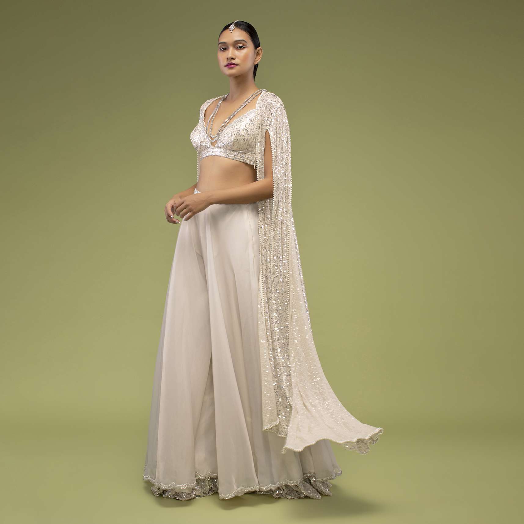 Turtledove White Sharara Suit In Sequins Embroidery, Paired With A Long Embroidery Cape