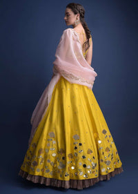 Sunset Yellow Lehenga Choli With Floral And Leaf Cut Mirror Work