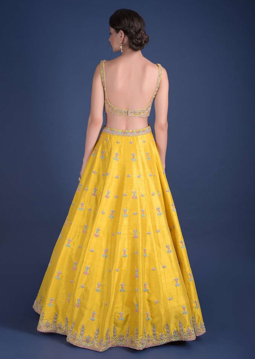 Sunset Yellow Lehenga Choli With Hand Embroidered Buttis