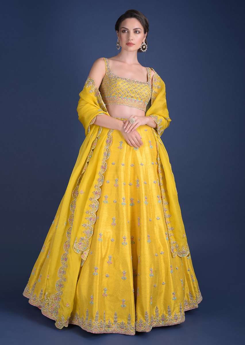 Sunset Yellow Lehenga Choli With Hand Embroidered Buttis