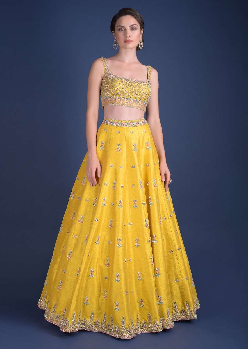 Sunset Yellow Lehenga Choli With Hand Embroidered Buttis