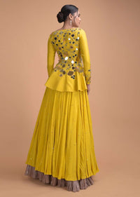 Sunset Yellow Peplum Top With Flower And Leaf Cut Mirror Work And Matching Lehenga