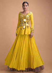 Sunset Yellow Peplum Top With Flower And Leaf Cut Mirror Work And Matching Lehenga