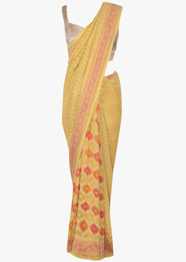 Tuscan sun yellow saree in geometric shapes highlighted in multiple colors