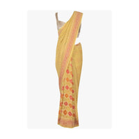 Tuscan sun yellow saree in geometric shapes highlighted in multiple colors only on Kalki