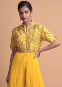 Tuscany Yellow Jumpsuit With Georgette Layers On The Bottom And A Raw Silk Bodice Online - Kalki Fashion