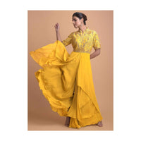 Tuscany Yellow Jumpsuit With Georgette Layers On The Bottom And A Raw Silk Bodice Online - Kalki Fashion
