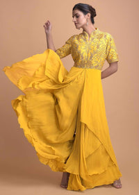 Tuscany Yellow Jumpsuit With Georgette Layers On The Bottom And A Raw Silk Bodice Online - Kalki Fashion