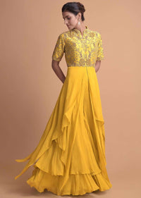 Tuscany Yellow Jumpsuit With Georgette Layers On The Bottom And A Raw Silk Bodice Online - Kalki Fashion
