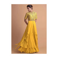 Tuscany Yellow Jumpsuit With Georgette Layers On The Bottom And A Raw Silk Bodice Online - Kalki Fashion
