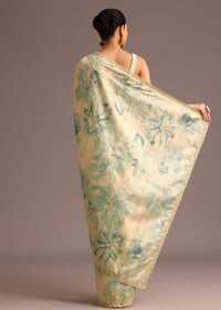 Tussar Beige Saree In Floral Print With Scallop Embellished Border