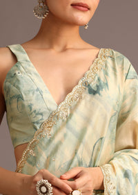 Tussar Beige Saree In Floral Print With Scallop Embellished Border