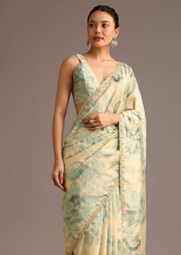 Tussar Beige Saree In Floral Print With Scallop Embellished Border