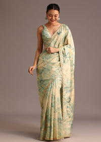 Tussar Beige Saree In Floral Print With Scallop Embellished Border