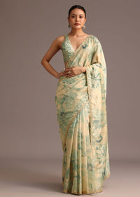 Tussar Beige Saree In Floral Print With Scallop Embellished Border