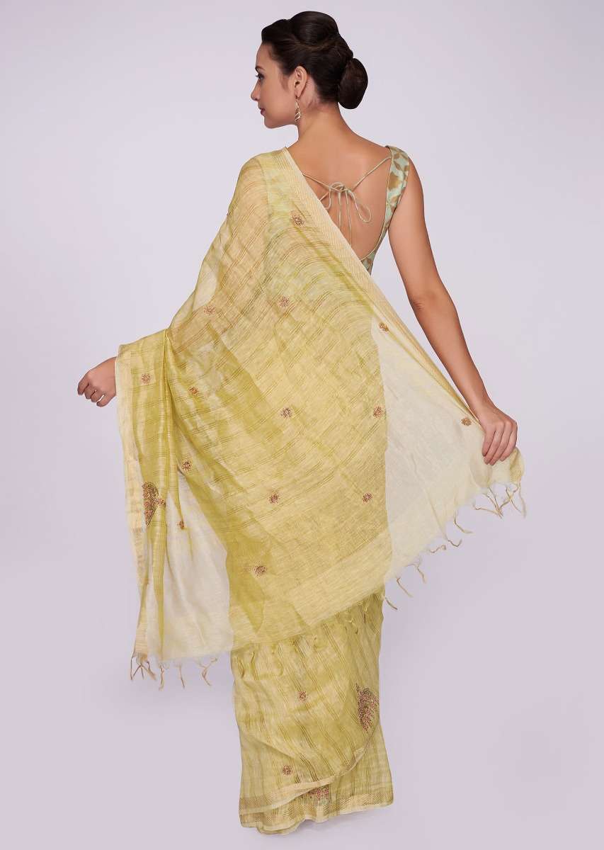 Tussar silk beige saree in embroidered butti 