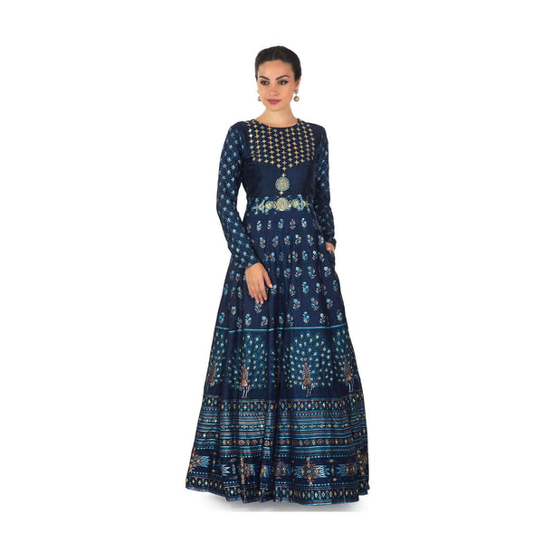 Twilight blue printed anarkali dress in cotton silk with gotta patch and resham work only on Kalki