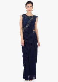 Twilight Blue Ready Plated Saree Skirt In Lycra Paired With Matching Raw Silk Blouse Online - Kalki Fashion