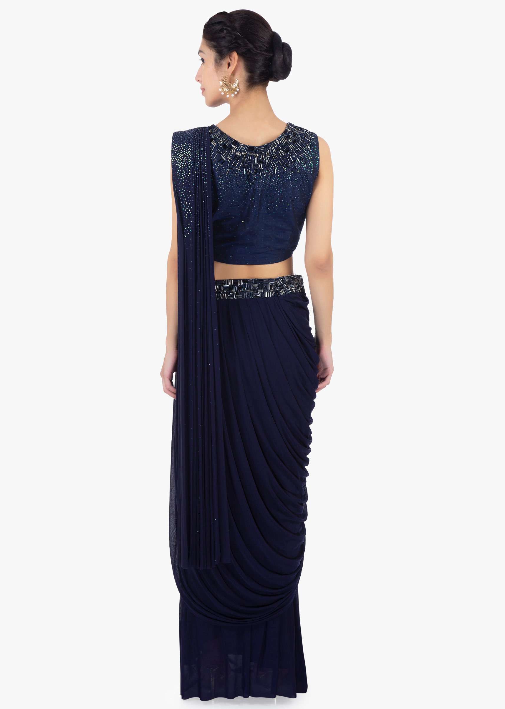 Twilight blue ready plated lycra saree skirt paired with matching  raw silk blouse