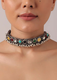 Two Tone Finish Oxidized Choker Set With Multicolor Stones