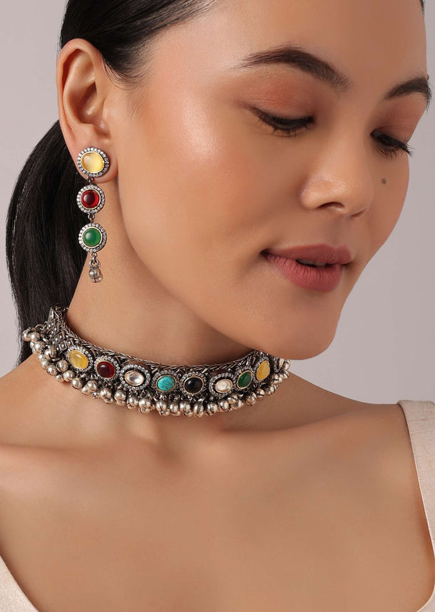 Two Tone Finish Oxidized Choker Set With Multicolor Stones