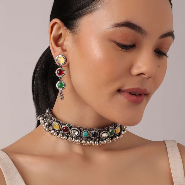 Two Tone Finish Oxidized Choker Set With Multicolor Stones