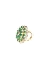 Two Tone Finish Ring Studded With Faux Diamonds And Emerald Stones