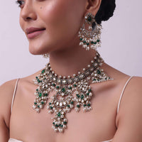 Two Tone Green Kundan Polki Necklace Set In Mix Metal