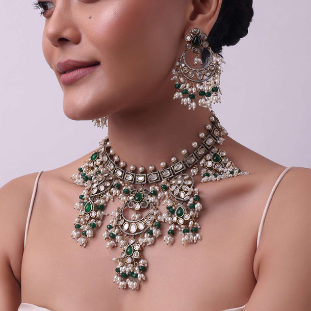 Two Tone Green Kundan Polki Necklace Set In Mix Metal