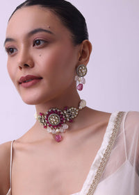 Two Tone Kundan Choker And Earring Set With Red And Pink Stones